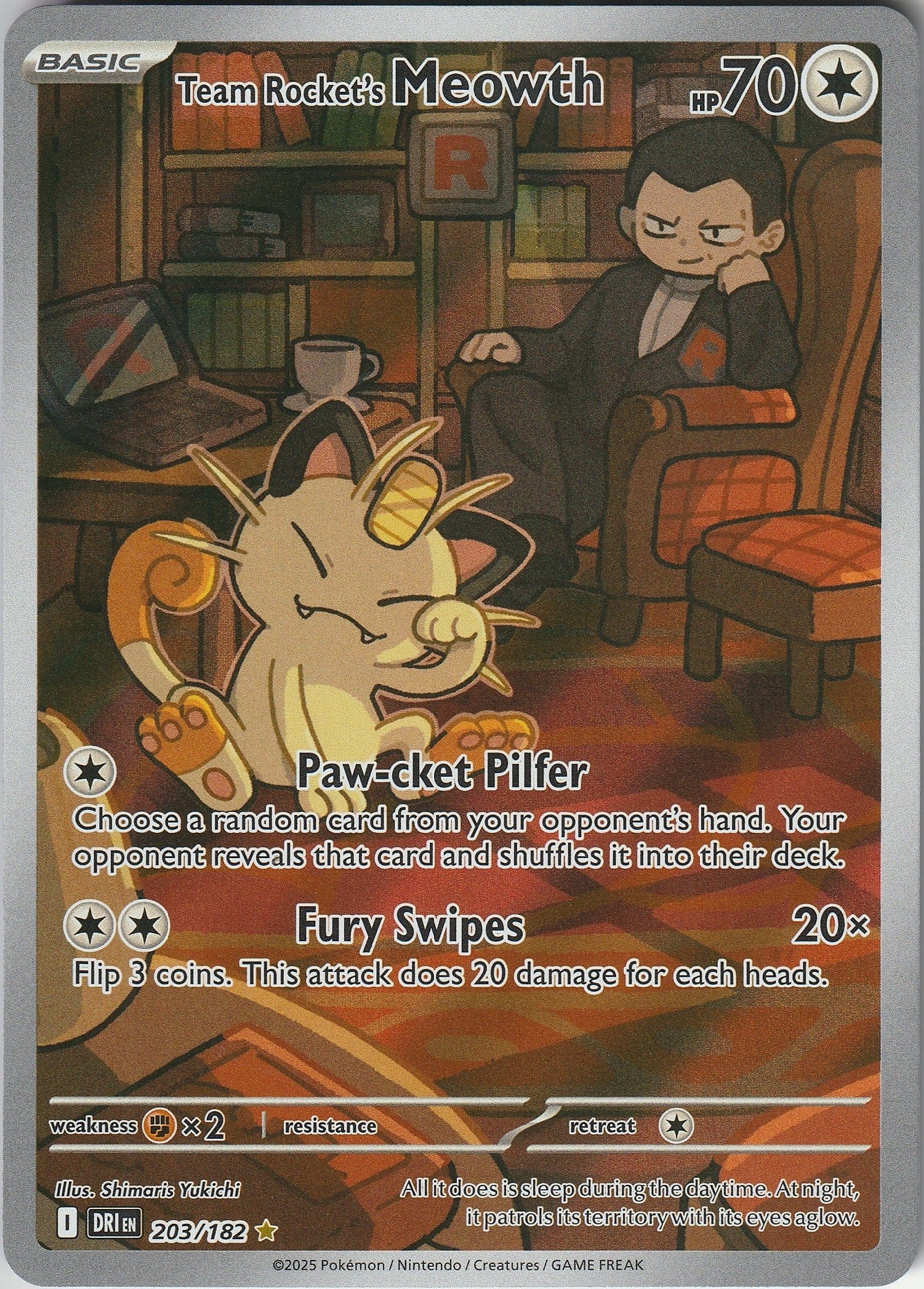 Team Rocket's Meowth 203/182 Destined Rivals Scarlet 7 Violet Illustration Rare
