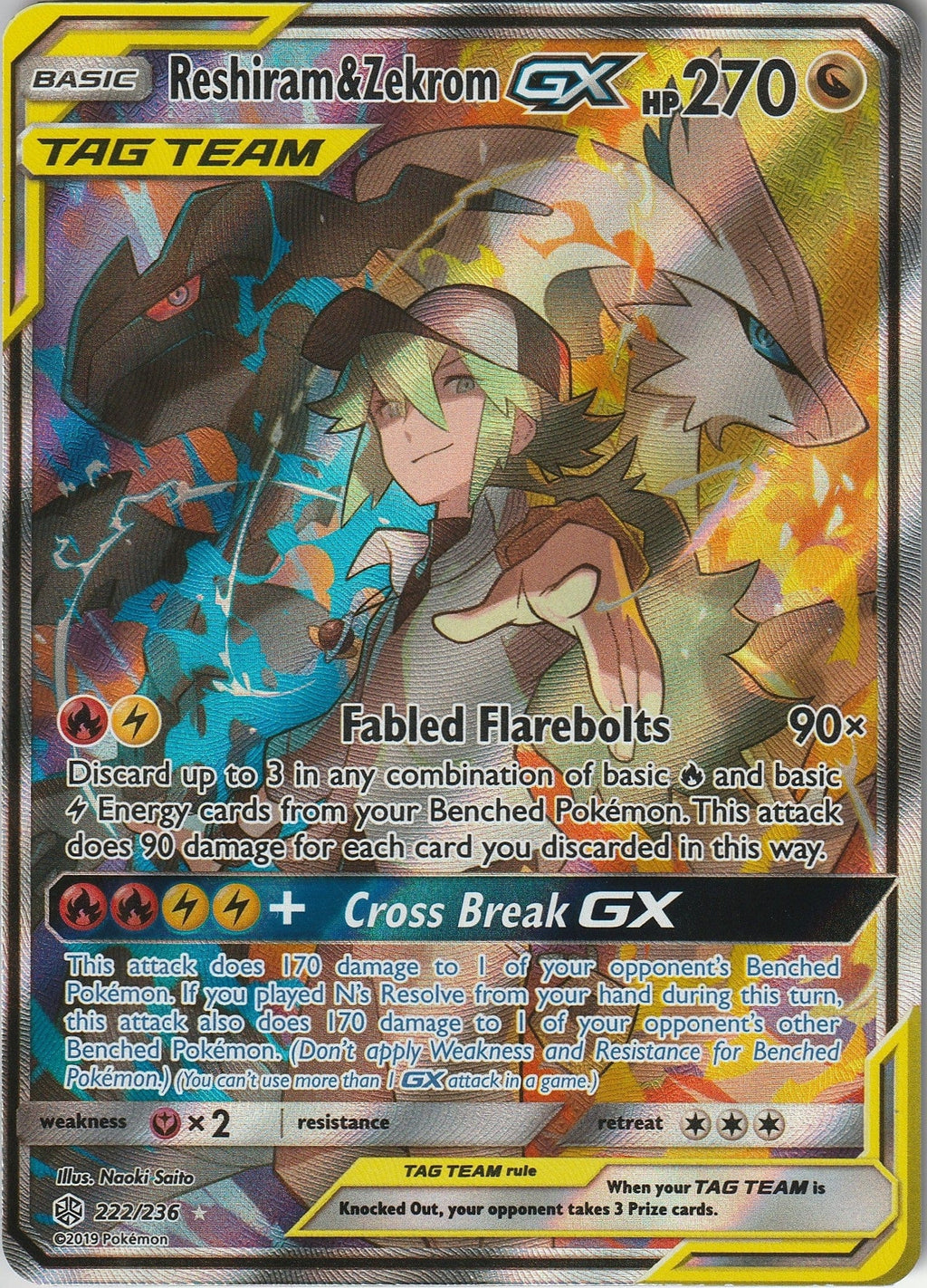 Pokemon TCG Reshiram & Zekrom GX 222/236 GX Tag Team Cosmic Eclipse Full Art NM 2019 