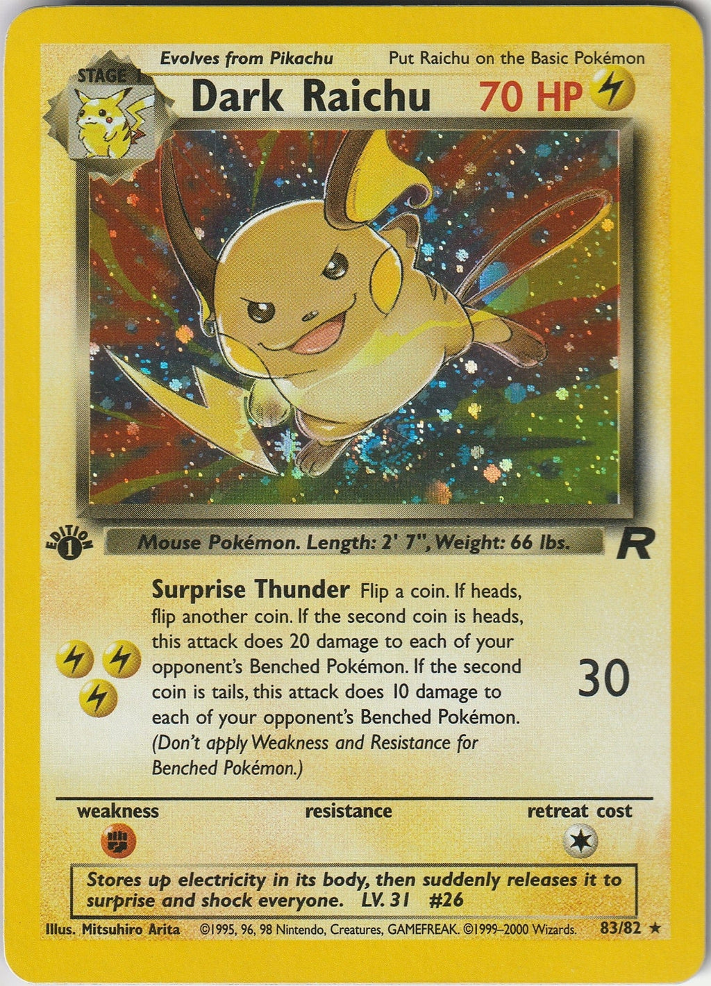 Pokémon TCG SECRET RARE Dark Raichu 83/82 1st Edition Team Rocket Holo LP 1999 Chrispy Collectables UK