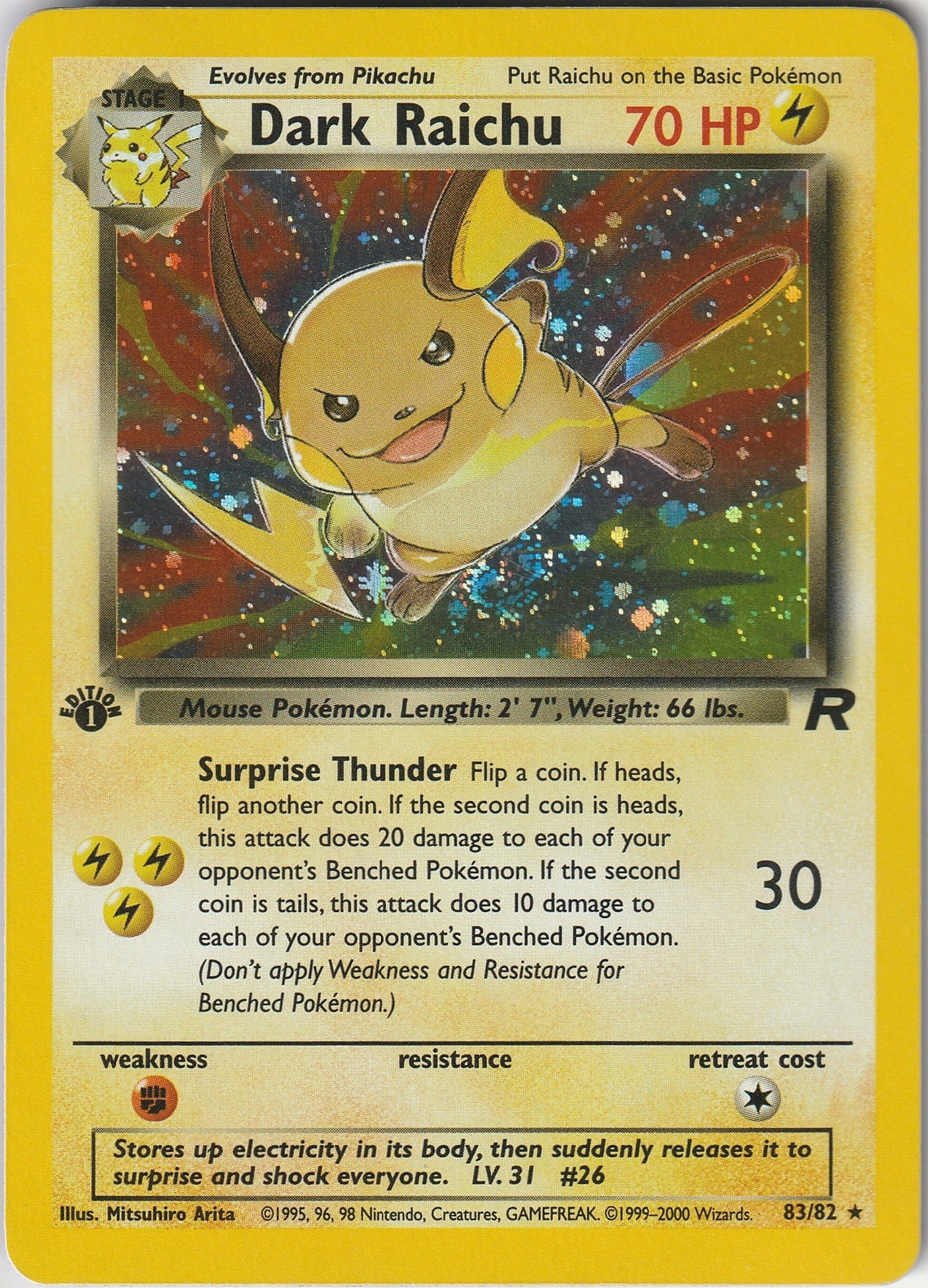 Pokémon TCG SECRET RARE Dark Raichu 83/82 1st Edition Team Rocket Holo LP 1999 Chrispy Collectables UK