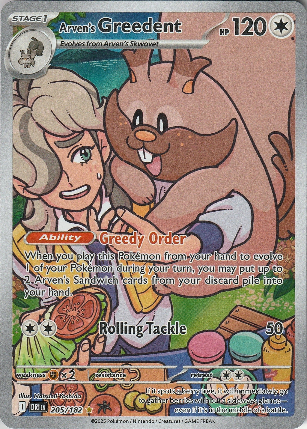 Pokemon TCG Card Arven’s Greedent 205/182 Destined Rivals Illustration Rare NM 2025 Chrispy Collectables UK
