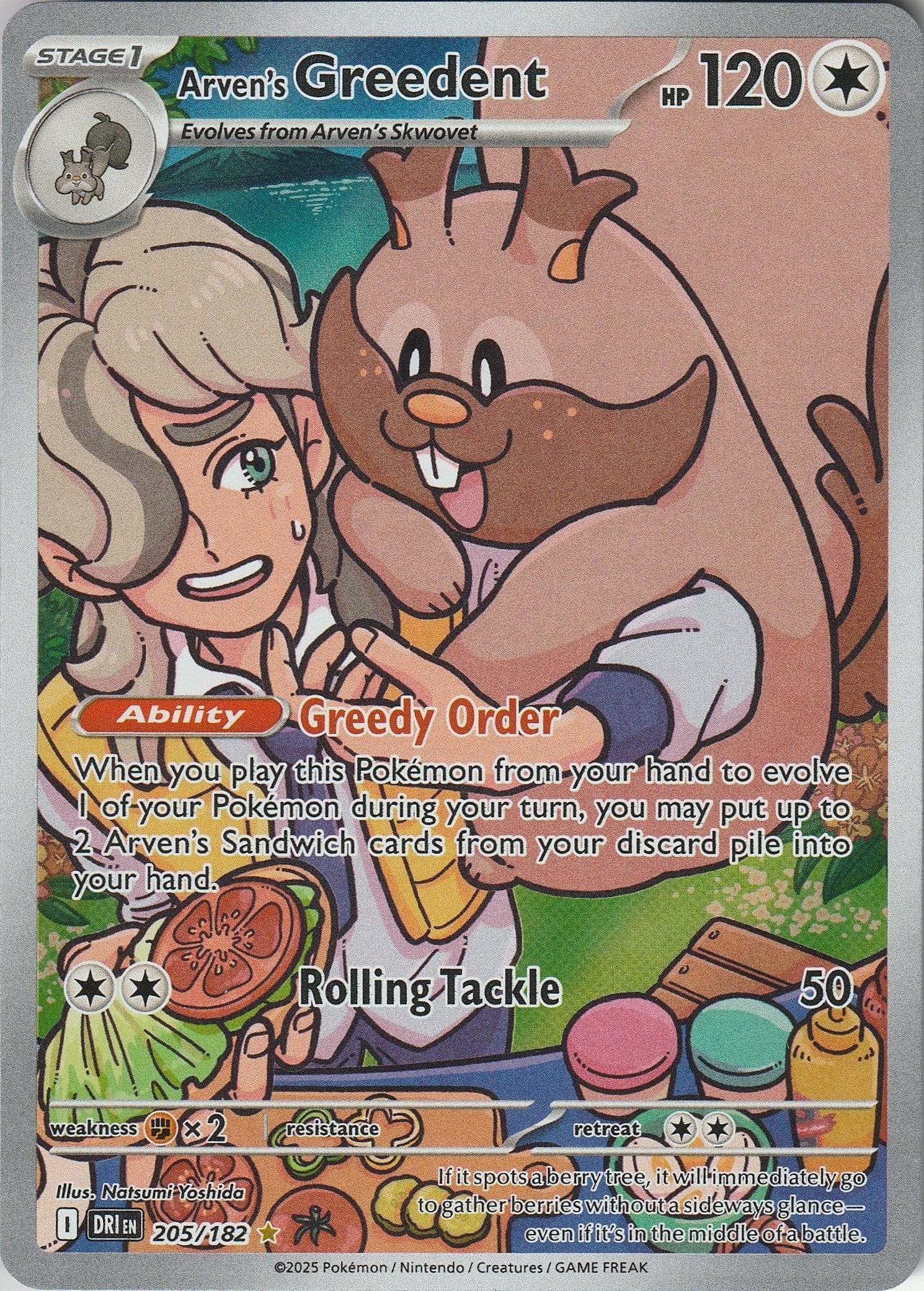 Pokemon TCG Card Arven’s Greedent 205/182 Destined Rivals Illustration Rare NM 2025 Chrispy Collectables UK