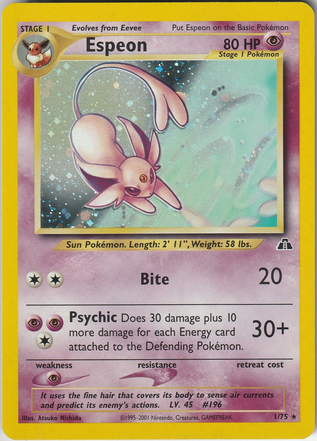 Pokemon TCG Espeon 1/75 Neo Discovery Holo Card Unlimited LP 1999 Vintage Chrispy Collectables UK
