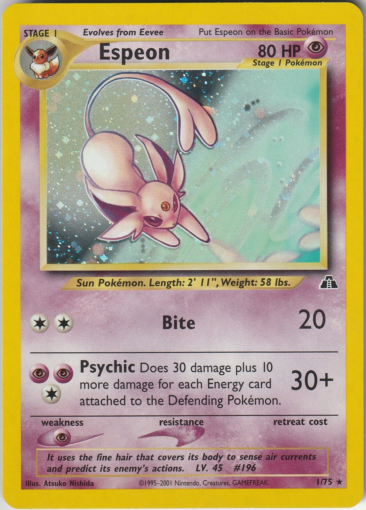 Pokemon TCG Espeon 1/75 Neo Discovery Holo Card Unlimited LP 1999 Vintage Chrispy Collectables UK