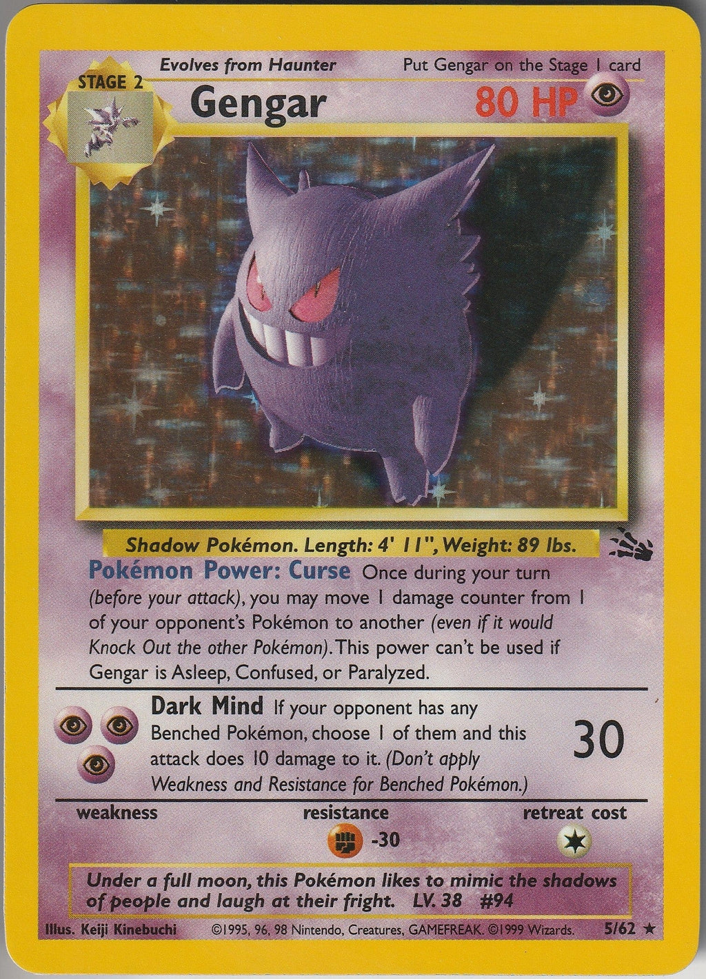 Pokemon TCG Gengar 5/62 Fossil Unlimited 1999 Pokemon Card Holo Rare LP/NM WOTC Chrispy Collectables UK 