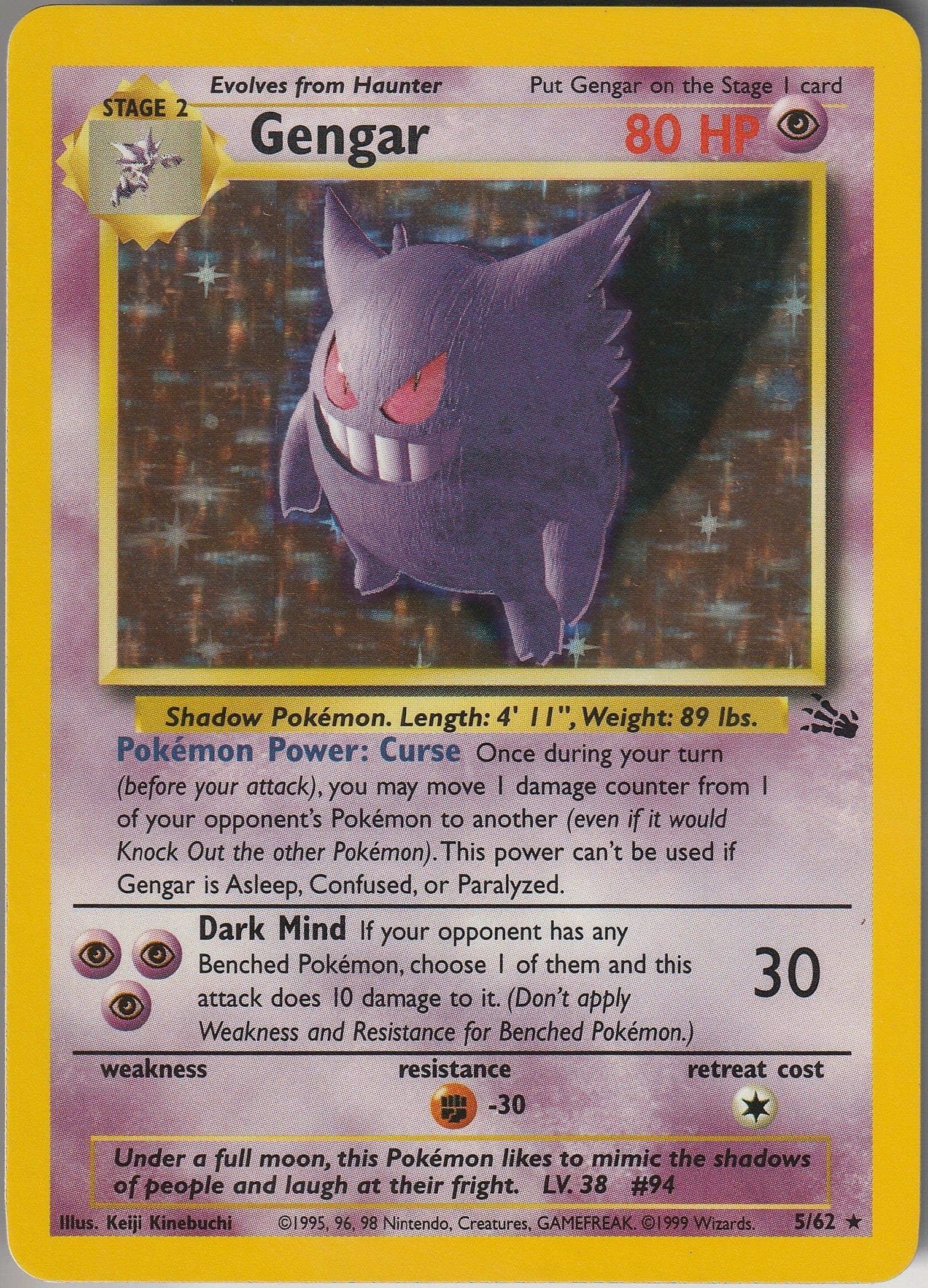 Pokemon TCG Gengar 5/62 Fossil Unlimited 1999 Pokemon Card Holo Rare LP/NM WOTC Chrispy Collectables UK 