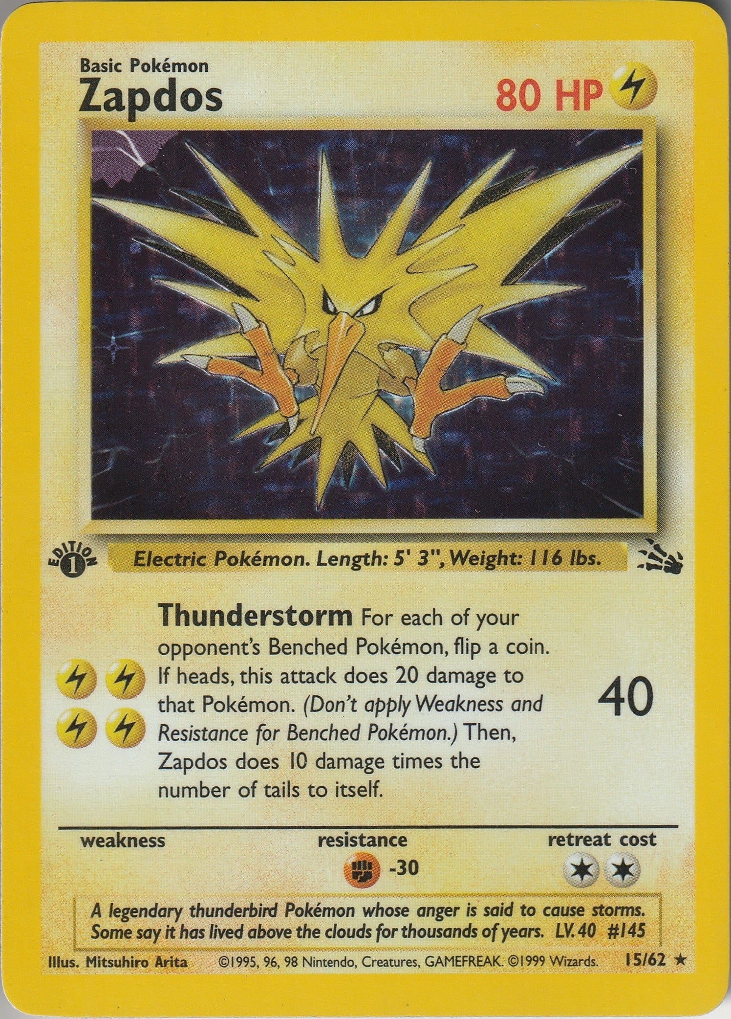 Pokemon TCG Zapdos 15/62 1st Edition Fossil Set Holo Vintage LP 1999 Chrispy Collectables UK
